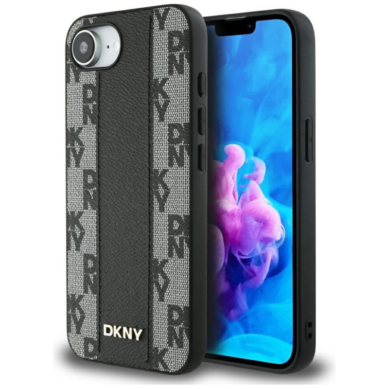 Etui DKNY Leather Checkered Mono Pattern MagSafe do iPhone 16e, czarny