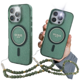 Etui Guess IML Glitter With Pearl Strap MagSafe do iPhone 16 Pro Max, zielony/green