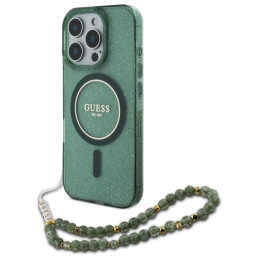 Etui Guess IML Glitter With Pearl Strap MagSafe do iPhone 16 Pro Max, zielony/green