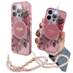 Etui Guess IML Flowers With Pearl Strap MagSafe do iPhone 16 Pro Max, różowy/pink