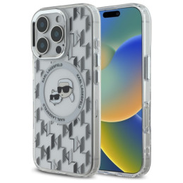 Etui Karl Lagerfeld IML Monogram Karl&Choupette Head MagSafe do iPhone 16 Pro Max, przezroczyste