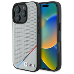 Etui BMW M Perforated Tricolor Line MagSafe do iPhone 16 Pro Max, szary/grey