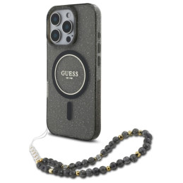 Etui Guess IML Glitter With Pearl Strap MagSafe do iPhone 16 Pro Max, czarny/czarny