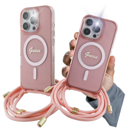 Etui Guess Crossbody Cord Script MagSafe do iPhone 16 Pro Max, różowy/pink
