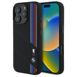 Etui BMW Silicone Cut Tricolor Lines MagSafe do iPhone 16 Pro Max, czarne