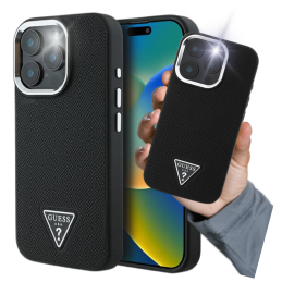 Etui Guess Grained Triangle MagSafe do iPhone 16 Pro Max, czarne