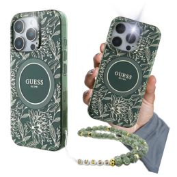 Etui Guess IML Flowers Allover Electro With Pearl Strap MagSafe do iPhone 16 Pro Max, zielony/green