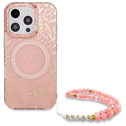 Etui Guess IML Flowers Allover Electro With Pearl Strap MagSafe do iPhone 16 Pro Max, różowy/pink