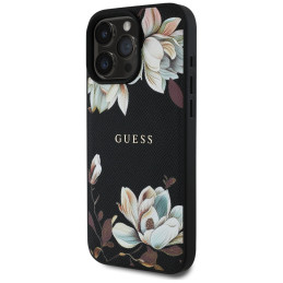 Etui Guess Grained Printed Flower Pattern MagSafe do iPhone 16 Pro Max, czarny