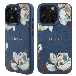 Etui Guess Grained Printed Flower Pattern MagSafe do iPhone 16 Pro Max, niebieski