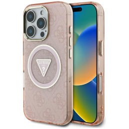 Etui Guess IML Metal Glitter 4G Circle Triangle MagSafe do iPhone 16 Pro Max różowy