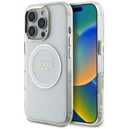 Etui Guess IML Metal Colored Circle Classic Logo MagSafe do iPhone 16 Pro Max, białe