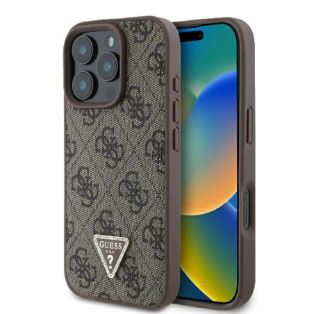Etui Guess Leather 4G Triangle Strass do iPhone 16 Pro, brązowy/brown