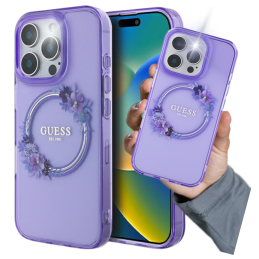 Etui Guess IML Flowers Wreath MagSafe do iPhone 16 Pro, purpurowy/purple