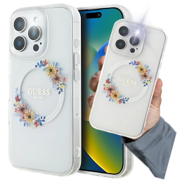 Etui Guess IML Flowers Wreath MagSafe do iPhone 16 Pro, przeźroczysty/transprent