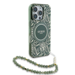 Etui Guess IML Flowers Allover Electro With Pearl Strap MagSafe do iPhone 16 Pro, zielony/green