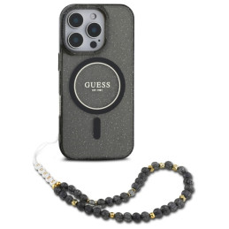 Etui Guess IML Glitter With Pearl Strap MagSafe do iPhone 16 Pro, czarny/czarny