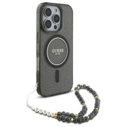 Etui Guess IML Glitter With Pearl Strap MagSafe do iPhone 16 Pro, czarny/czarny