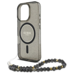 Etui Guess IML Glitter With Pearl Strap MagSafe do iPhone 16 Pro, czarny/czarny