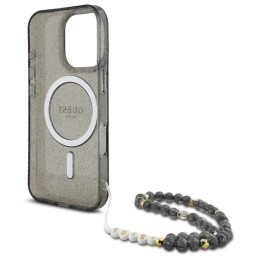 Etui Guess IML Glitter With Pearl Strap MagSafe do iPhone 16 Pro, czarny/czarny