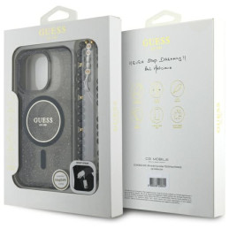 Etui Guess IML Glitter With Pearl Strap MagSafe do iPhone 16 Pro, czarny/czarny