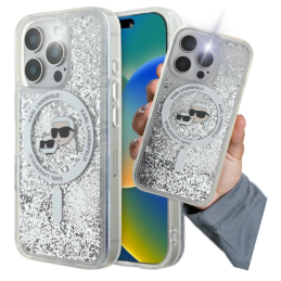 Etui Karl Lagerfeld Liquid Glitter Karl&Choupette Head Magsafe do iPhone 16 Pro, transparent 