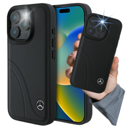Etui Mercedes MB Curved Stitches Leather do iPhone 16 Pro, czarne