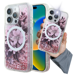 Etui Guess Liquid Glitter Flower MagSafe do iPhone 16 Pro, różowy/pink