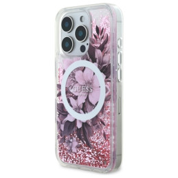 Etui Guess Liquid Glitter Flower MagSafe do iPhone 16 Pro, różowy/pink