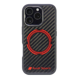 Etui Audi Carbon Fiber Sport Red Circle MagSafe do iPhone 16 Pro, czarne
