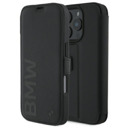 Etui z klapką BMW Signature Leather Wordmark do iPhone 16 Pro, czarne