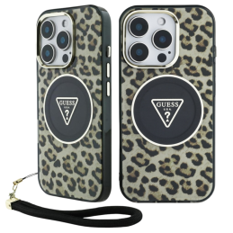 Etui Guess HC IML Leopard Triangle Cord Strap MagSafe do iPhone 16 Pro, brązowy