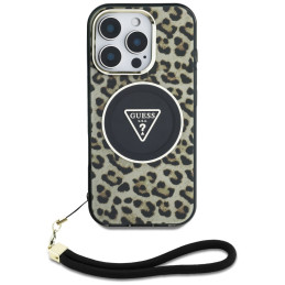 Etui Guess HC IML Leopard Triangle Cord Strap MagSafe do iPhone 16 Pro, brązowy