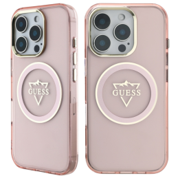 Etui Guess IML Metal Mountain Logo MagSafe do iPhone 16 Pro, różowy