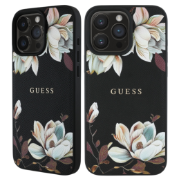 Etui Guess Grained Printed Flower Pattern MagSafe do iPhone 16 Pro, czarny