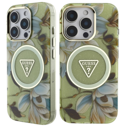 Etui Guess Glitter Flowers Triangle Buttons MagSafe do iPhone 16 Pro, zielony