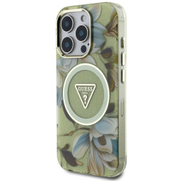 Etui Guess Glitter Flowers Triangle Buttons MagSafe do iPhone 16 Pro, zielony