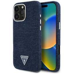Etui Guess Denim Triangle Logo MagSafe do iPhone 16 Pro niebieski