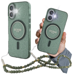 Etui Guess IML Glitter With Pearl Strap MagSafe do iPhone 16 Plus, zielony