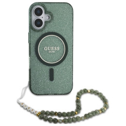 Etui Guess IML Glitter With Pearl Strap MagSafe do iPhone 16 Plus, zielony