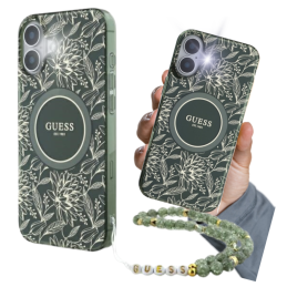 Etui Guess IML Flowers Allover Electro With Pearl Strap MagSafe do iPhone 16 Plus, zielony