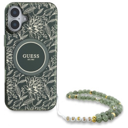 Etui Guess IML Flowers Allover Electro With Pearl Strap MagSafe do iPhone 16 Plus, zielony