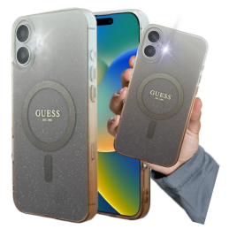 Etui Guess IML Glitter Gradient MagSafe do iPhone 16 Plus, brązowy
