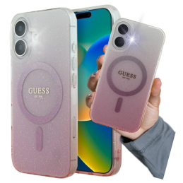 Etui Guess IML Glitter Gradient MagSafe do iPhone 16 Plus, różowy