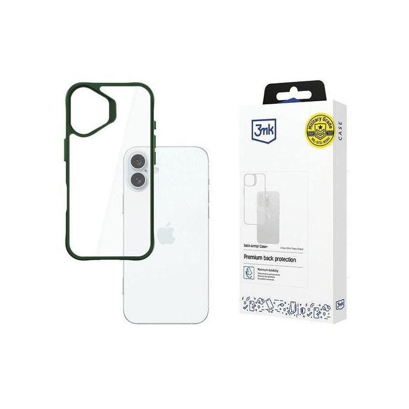 Etui 3MK SatinArmor+ Case do iPhone 16 Plus, przezroczyste z zieloną ramką