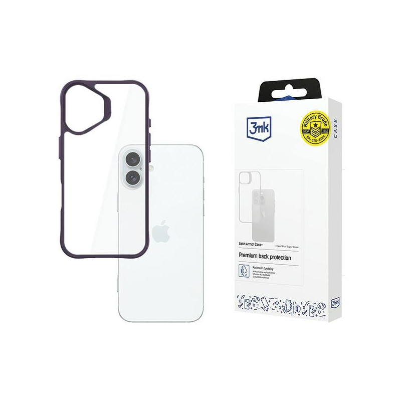 Etui 3MK SatinArmor+ Case do iPhone 16 Plus, przezroczyste z fioletową ramką