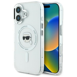 Etui Karl Lagerfeld IML Metal Karl Head MagSafe do iPhone 16 Plus, biały