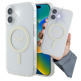 Etui Guess IML Glitter Circle MagSafe do iPhone 16 Plus, przeźroczysty