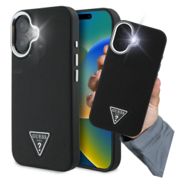 Etui Guess Grained Triangle MagSafe do iPhone 16 Plus, czarne
