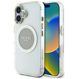 Etui Guess IML Metal Colored Circle Classic Logo MagSafe do iPhone 16, szare